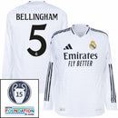 Real Madrid Bellingham 5 Home Fan Jersey Long Sleeve 2024/25 Patches UCL UEFA Foundation (Official Printing)